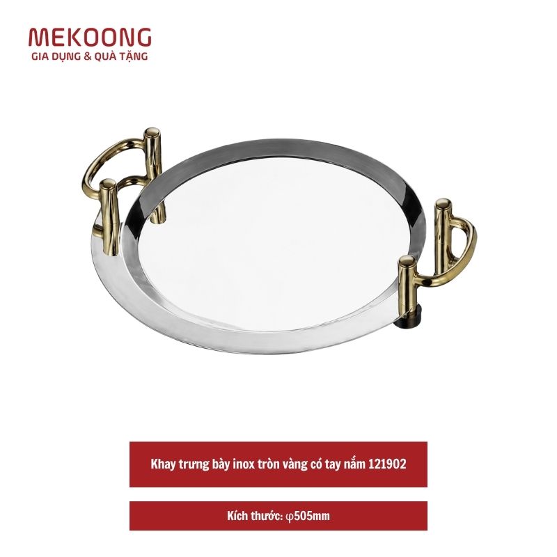 Khay trung bay inox tron vang co tay nam 121902 Khay trưng bày inox tròn vàng có tay nắm 121902