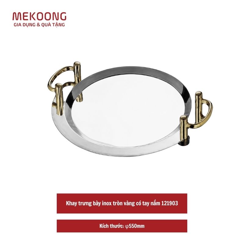 Khay trung bay inox tron vang co tay nam 121903 Khay trưng bày inox tròn vàng có tay nắm 121903